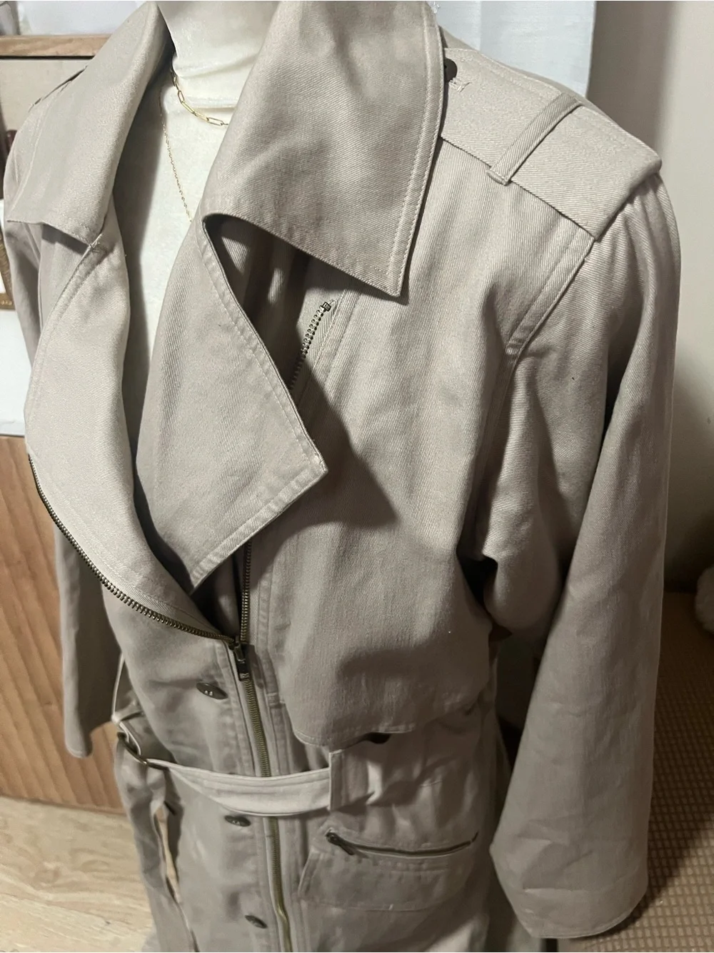 Vintage TOGETHER! Asymmetric Zipper Trench Coat - Khaki / Tan - Petite 2 Classic